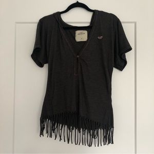 Hollister Brown Hood Poncho Fringe Short Sleeve Hooded Top XS